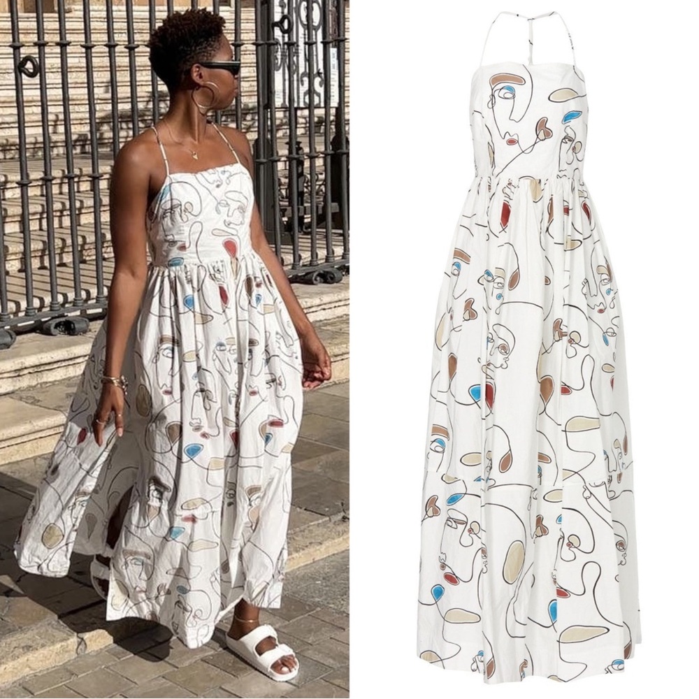 Bassike Faces Print Knot Strappy Backless Cotton Maxi Dress Size 2 White Combo